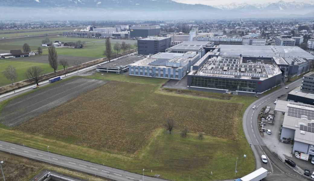 Auf dieser Wiese will SFS (Gebäude im Hintergrund) ein Windrad bauen. Die Gegner finden, der Abstand zu bewohntem Gebiet sei zu gering.