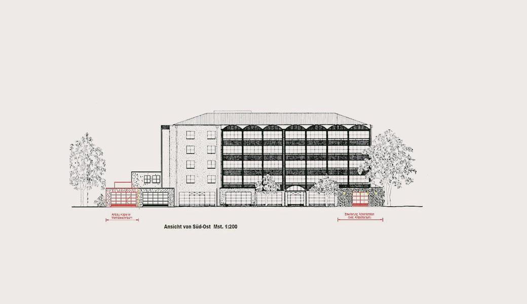 Der Anbau der Kapelle des Altersheims Haslach ist links im Bild rot gekennzeichnet. Der Anbau der Kapelle des Altersheims Haslach ist links im Bild rot gekennzeichnet.