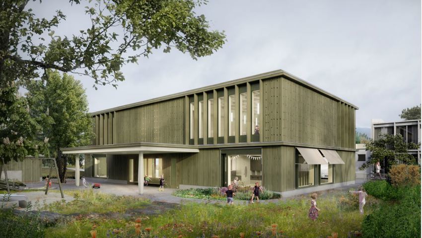 Visualisierung des geplanten Doppelkindergartens in Montlingen. Visualisierung des geplanten Doppelkindergartens in Montlingen.