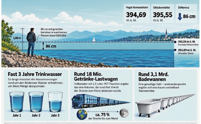 Wenig Schnee und Schmelzwasser: Der Bodensee ist um 461 Milliarde Liter geschrumpft
