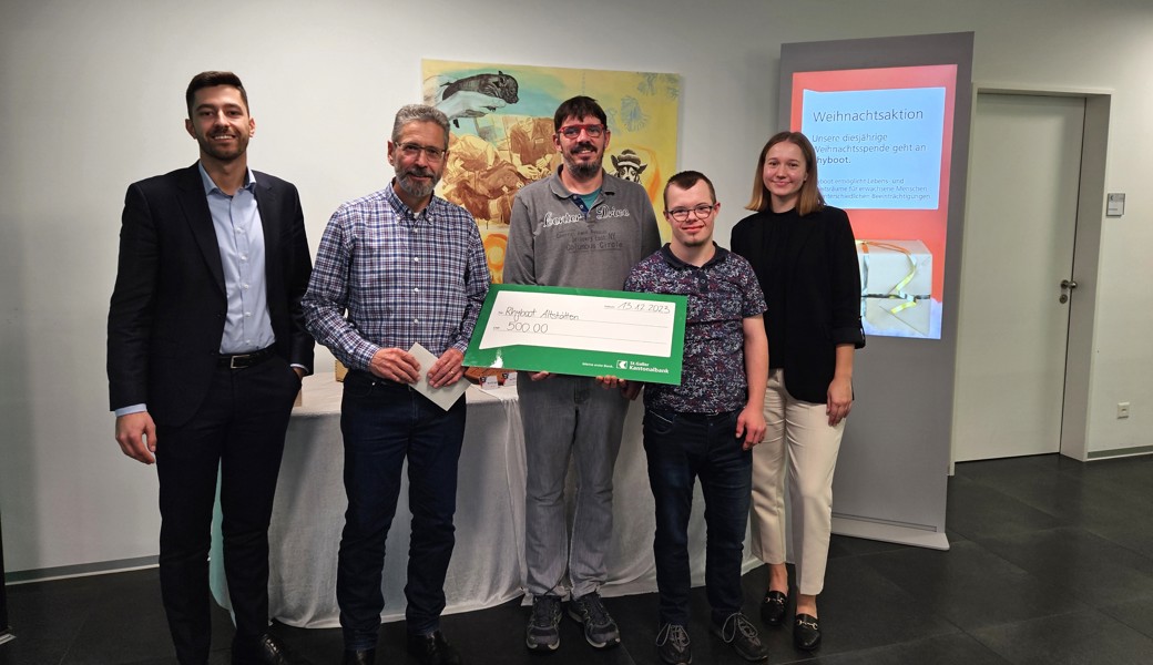 Damir Rajic (Berater Privatkunden SGKB Diepoldsau), Max Lüchinger (Leitung Arbeit Rhyboot), Christof Frei (Mitarbeiter Landwirt-schaft Rhyboot), Johannes Züst (Mitarbeiter Holzwerkstatt Rhyboot), Winona Berweger (Assistentin Privatkunden SGKB Diepoldsau)