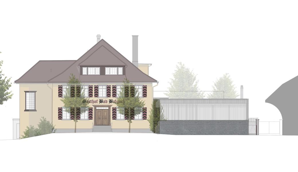 Das Gasthaus wird freigestellt und der zu erweiternde Anbau - neu mit Lamellen zur Strasse hin - erhält gegen Osten eine neue grosse Fensterfront.