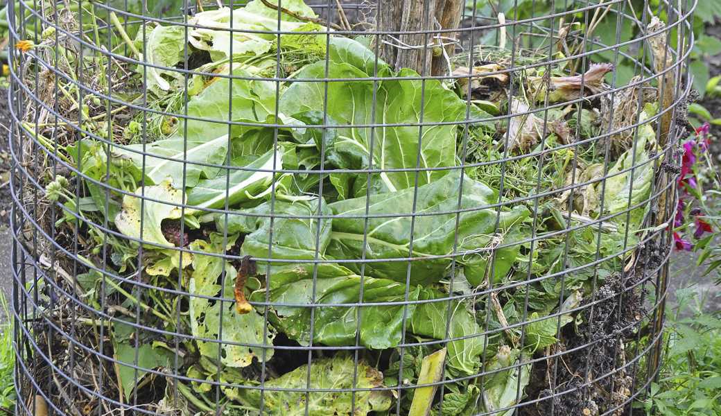 Im Kompostgitter werden Garten- und Rüstabfälle gesammelt und von Zeit zu Zeit gut gemischt.