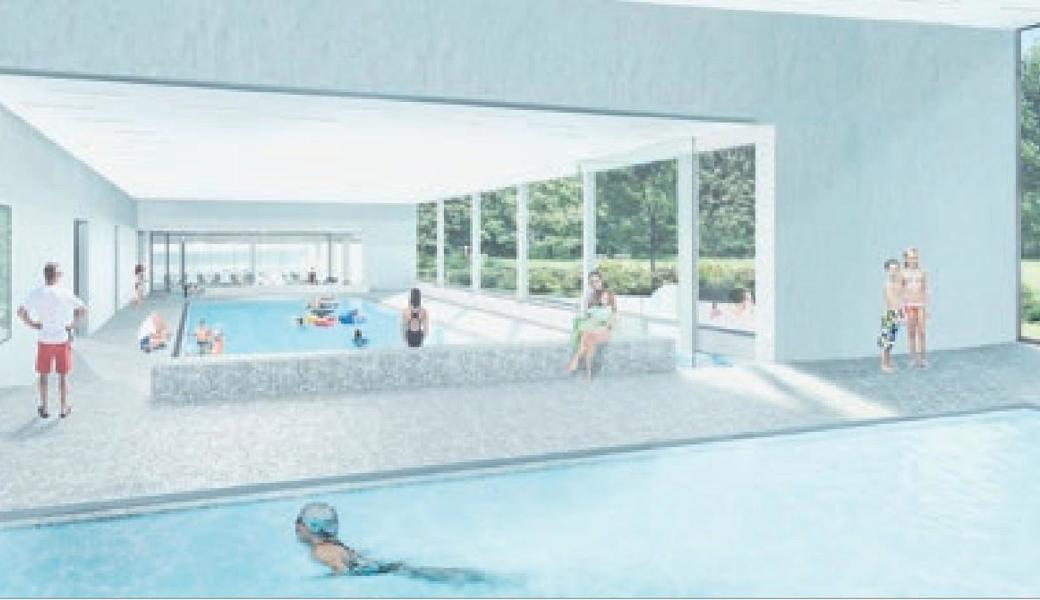 Sicht vom 25-Meter-Becken in Richtung Mehrzweckbecken und Kinderplanschbereich.