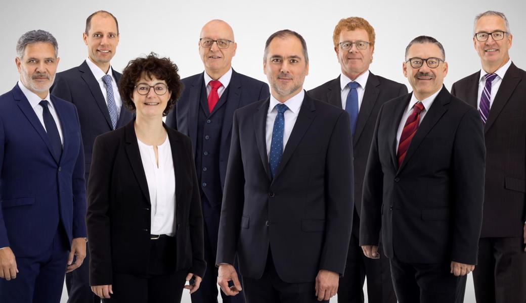 Die Auer Gemeinderätinnen und Gemeinderäte schneiden bei einer Befragung gut ab (von links): Franco Frisenda, Marcel Fürer (Gemeinderatsschreiber), Jennifer Eichmann, Alex Frei, Christian Sepin (Gemeindepräsident), Ernst Brändle, Markus Bernet und Olaf Tiegel.