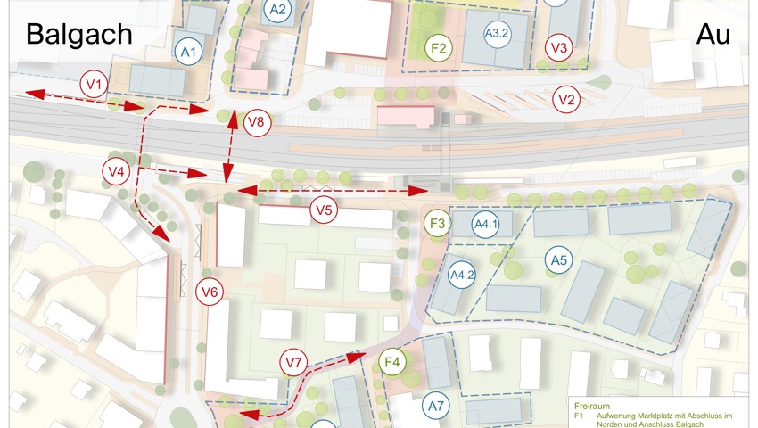 Der Massnahmenplan zum «Zukunftsbild Bahnhof Heerbrugg». Die erste Etappe umfasst den Ausbau des Velo-und Fusswegs (V1) und eine Bushaltestelle an der Widnauerstrasse (V6). 