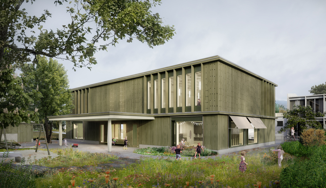 Unten Kindergartenräume, oben Musikzentrum.