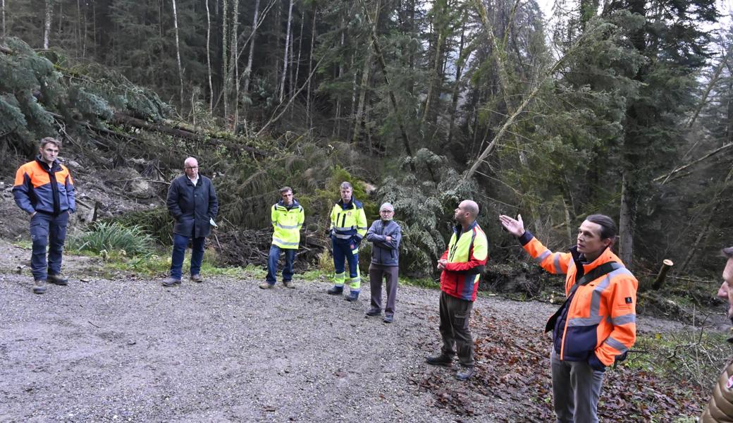 Fachleute und Behördenvertreter machten sich am Mittwoch ein Bild von der aktuellen Situation. Von links: Regionalförster Philipp Näf, Stadtpräsident Ruedi Mattle, Daniel Keel (Leiter Tiefbauamt Stadt Altstätten), Alexander Kobler (Leiter Unterhaltsdienst der Stadt Altstätten), Ernst Gschwend (Rhodmeister Hinterforst), Förster Simon Zürcher, Geologe Joachim Malt von der FS Geotechnik.