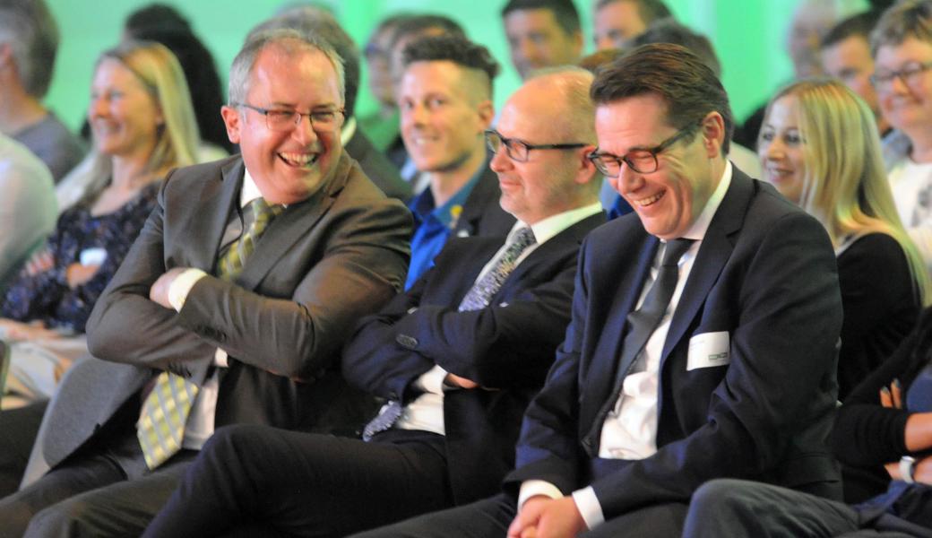 Haben es lustig: Nationalrat Thomas Ammann und die Regierungsräte Stefan Kölliker und Benedikt Würth.