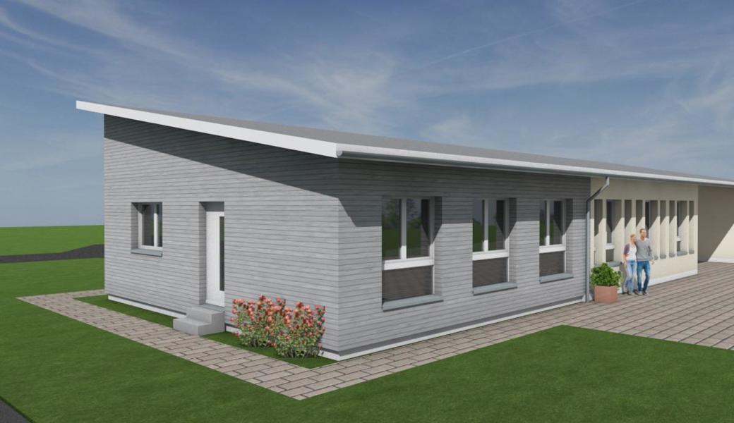 Im vorderen Teil des Bildes ist der 8,5 mal 8,5 Meter grosse Anbbau des früheren Kindergartens Reichenbündt in Grau dargestellt.  Im vorderen Teil des Bildes ist der 8,5 mal 8,5 Meter grosse Anbbau des früheren Kindergartens Reichenbündt in Grau dargestellt.