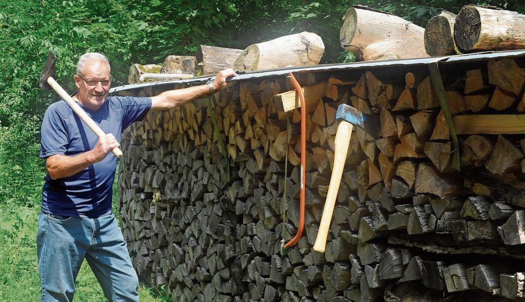 Sterweise Fitness im Wald nicht weit unter dem St. Anton: Gust Segmüller vor einer Beige Brennholz, das er aufgerüstet hat.