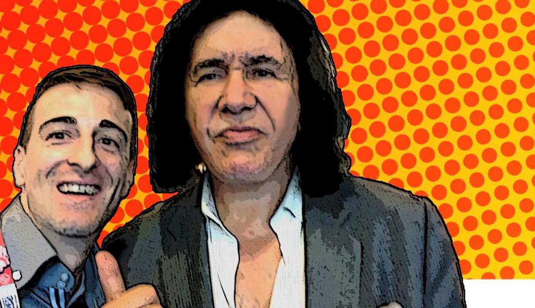 Ein Foto aus dem modern gestalteten Buch: Der Altstätter Startup-Mitbegründer, Esri-Bereichschef für Smart Cities, Buchautor und Pilotfilmproduzent Dominik Tarolli (links), hier zusammen mit «Kiss»-Bassist und Co-Sänger Gene Simmons, den Tarolli zufällig auf einer Messe traf.