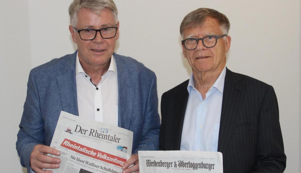 Urs Schneider (links), VR-Präsident der Galledia Group AG, und Peter Wanner, VR-Präsident von CH Media, haben eine besondere Transaktion besiegelt, durch die der "Werdenberger & Obertoggenburger" als dritte Traditionszeitung zur Galledia Regionalmedien AG stösst. Das Bernecker Verlagshaus erhält somit eine sinnvolle Ergänzung zu seinen beiden Tageszeitungen "Der Rheintaler" und "Rheintalische Volkszeitung".
