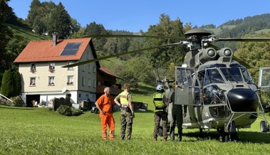 Ein Super Puma fliegt Holz aus dem Altstätter Wald aus