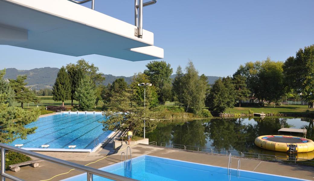 Vom Sprungturm aus sieht man links hinten das Schwimmerbecken, das 2213 m3 Wasser fasst, das Sprungbecken vorn 703 m3. Rechts liegt der Natursee, dessen Pegel mittlerweile etwa 12 cm unter Normalwasserstand liegt. 