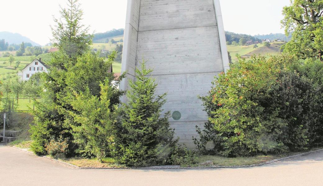 Das Ornament auf dem Lüchinger Kirchturm ist weitgehend von Büschen verdeckt und nur von vorne zu erkennen.