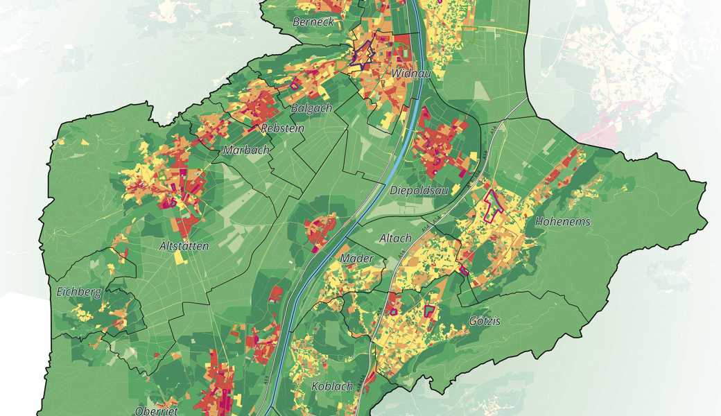 Klimatische Wirkungs- und Ausgleichsräume am Tag in der Agglomeration Rheintal: Bioklimatische Situation bei Siedlungs- und Verkehrsflächen, gelb: sehr günstig, bis dunkelrot: sehr ungünstig. Aufenthaltsqualität Grün- und Freiflächen, dunkelgrün: sehr hoch bis hellgrün: schwach.
