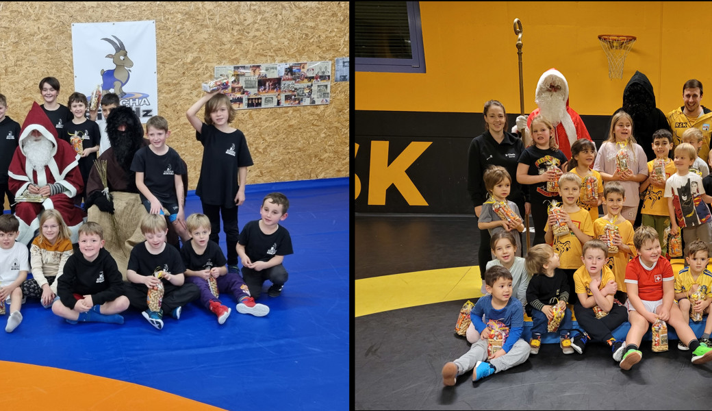 Die Bündner- (links) und die RSK- (rechts) RiKidz freuen sich über den Besuch von Samiklaus und Schmutzli.