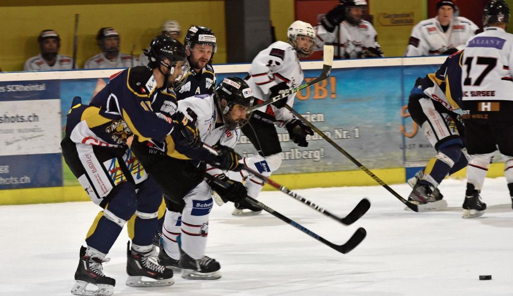 Simon Dünner (links) und Sascha Moser hindern einen Spieler des EHC Sursee II am Durchbruch.  Simon Dünner (links) und Sascha Moser hindern einen Spieler des EHC Sursee II am Durchbruch.