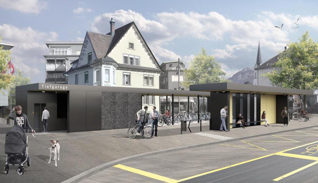Der Aufgang aus der Tiefgarage, der Veloplatz und die Bushaltestelle liegen nah beieinander.  
